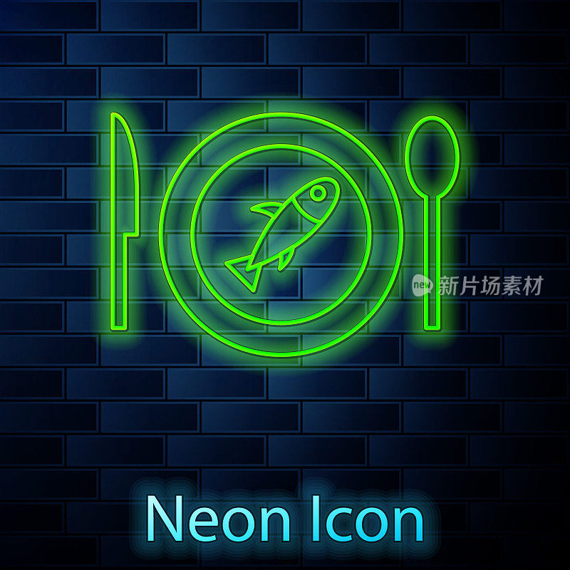 Glowing neon line Served fish on a plate icon isolated on brick wall background. Vector